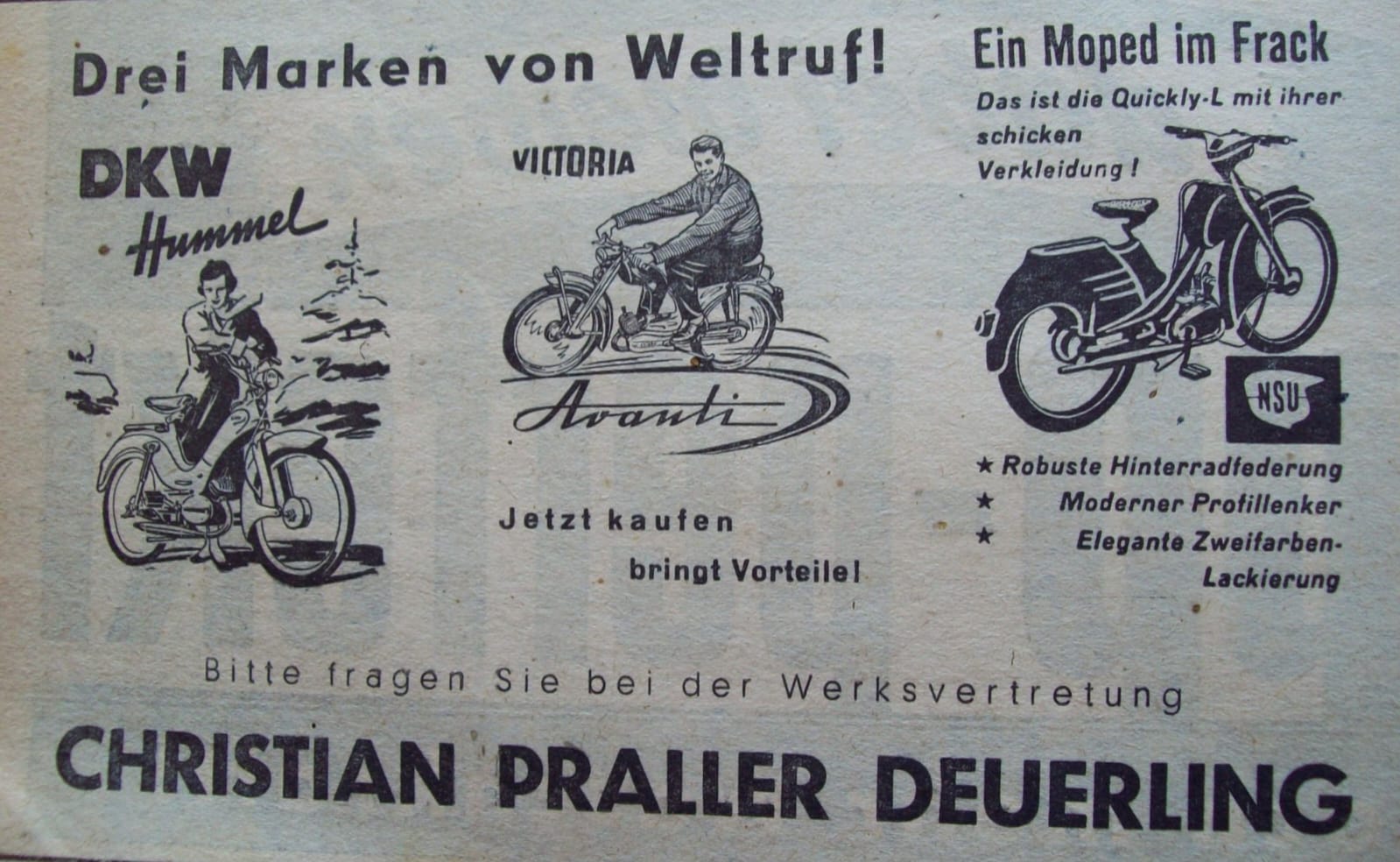 Werbeplakat für Mopeds des Autohaus Praller in den 1960er-Jahren